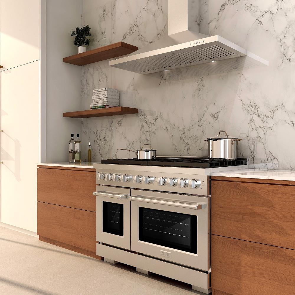 ZLINE Appliance Package - 48" Dual Fuel Range, Range Hood, 36" Refrigerator with Water/Ice Dispenser, 24" Microwave Drawer and Dishwasher in Stainless Steel