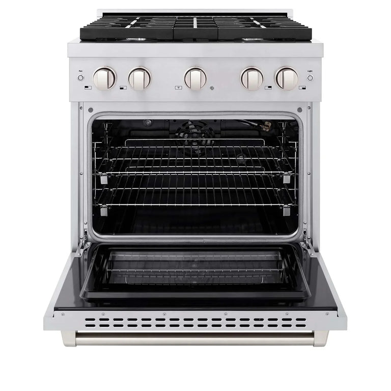 ZLINE Appliance Package - 30" Gas Range, Range Hood, 36" Refrigerator with Water/Ice Dispenser, 24" Microwave Drawer and Dishwasher in Stainless Steel