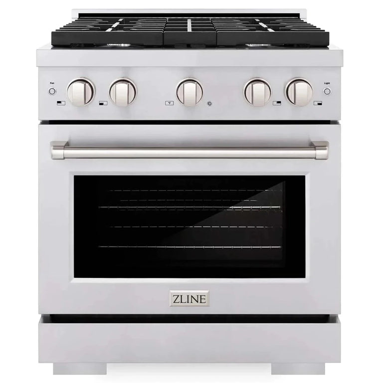 ZLINE Appliance Package - 30" Gas Range, Range Hood, 36" Refrigerator with Water/Ice Dispenser, 24" Microwave Drawer and Dishwasher in Stainless Steel