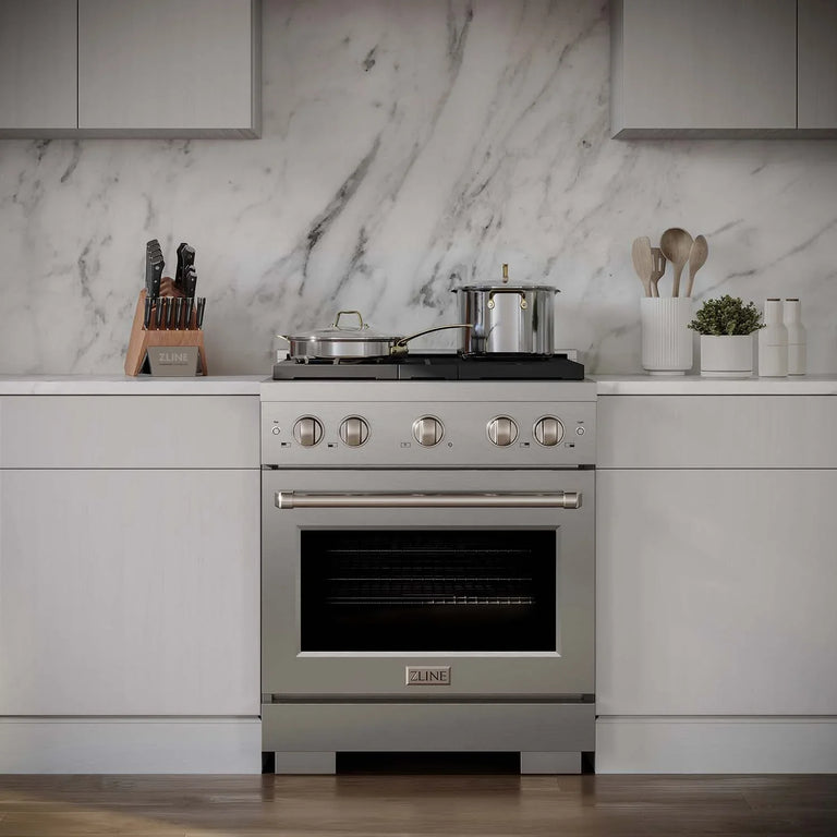 ZLINE Appliance Package - 30" Gas Range, Range Hood, 36" Refrigerator with Water/Ice Dispenser, 24" Microwave Drawer and Dishwasher in Stainless Steel