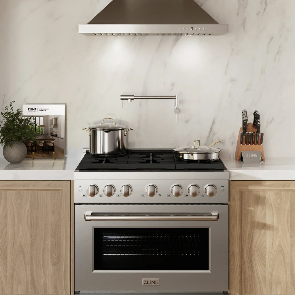 ZLINE Appliance Package - 36" Gas Range, Range Hood, 36" Refrigerator with Water/Ice Dispenser, 24" Microwave Drawer and Dishwasher in Stainless Steel
