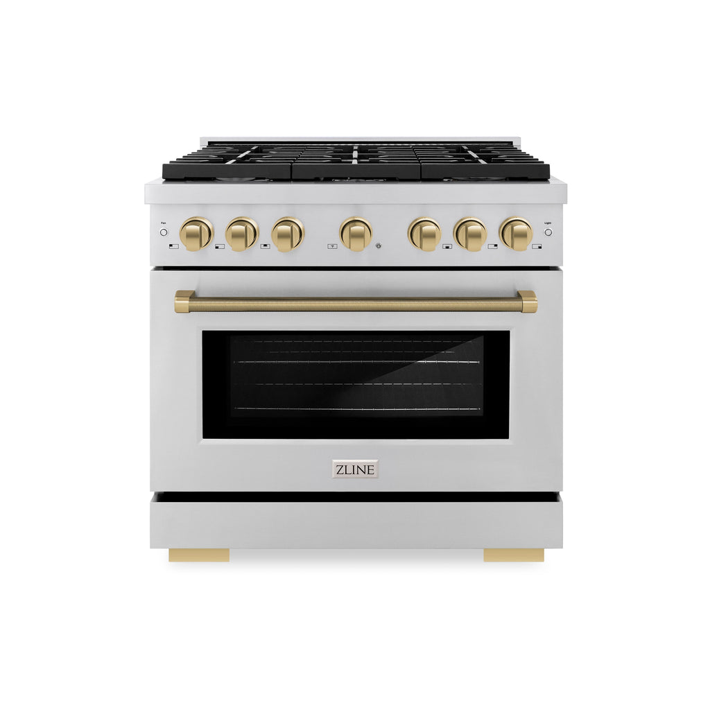 ZLINE 36 in. Gas Range 5.2 cu. ft. 6 Burner Cooktop Convection Oven Stainless Steel Champagne Bronze Helix Handle (SGRZ-36-KCB)