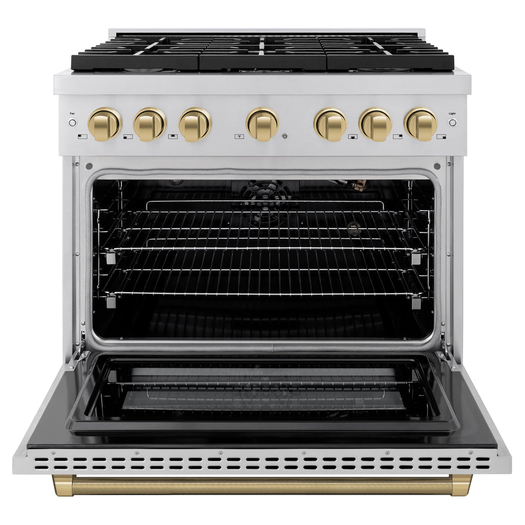 ZLINE 36 in. Gas Range 5.2 cu. ft. 6 Burner Cooktop Convection Oven Stainless Steel Champagne Bronze Helix Handle (SGRZ-36-KCB)