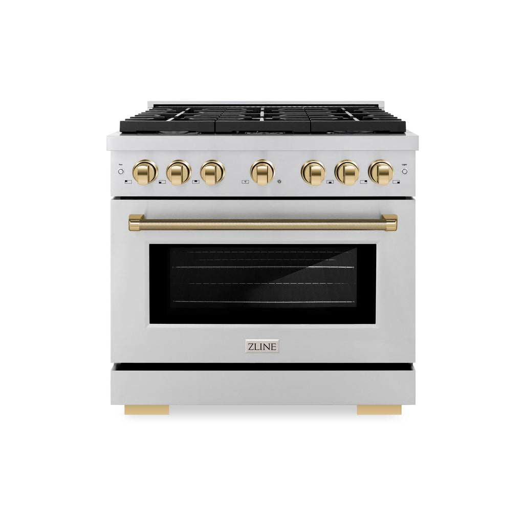 ZLINE 36 in. Gas Range 5.2 cu. ft. Paramount Series with 6 Burner Cooktop, Convection Gas Oven, Stainless Steel, Polished Gold Helix Handle & Knob Accents (SGRZ-36-KG)