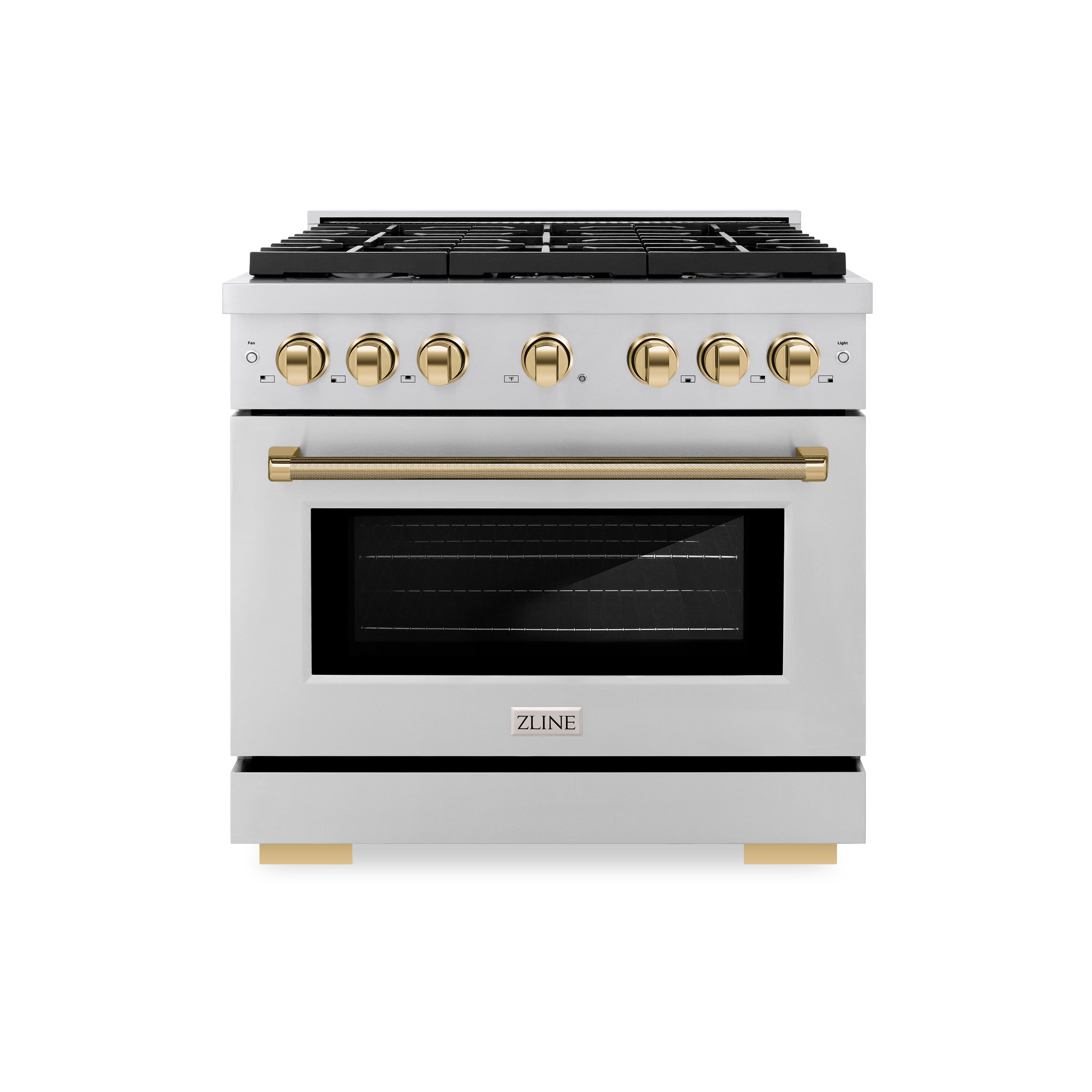 ZLINE 36 in. Gas Range 5.2 cu. ft. Paramount Series with 6 Burner Cooktop, Convection Gas Oven, Stainless Steel, Polished Gold Helix Handle & Knob Accents (SGRZ-36-KG)