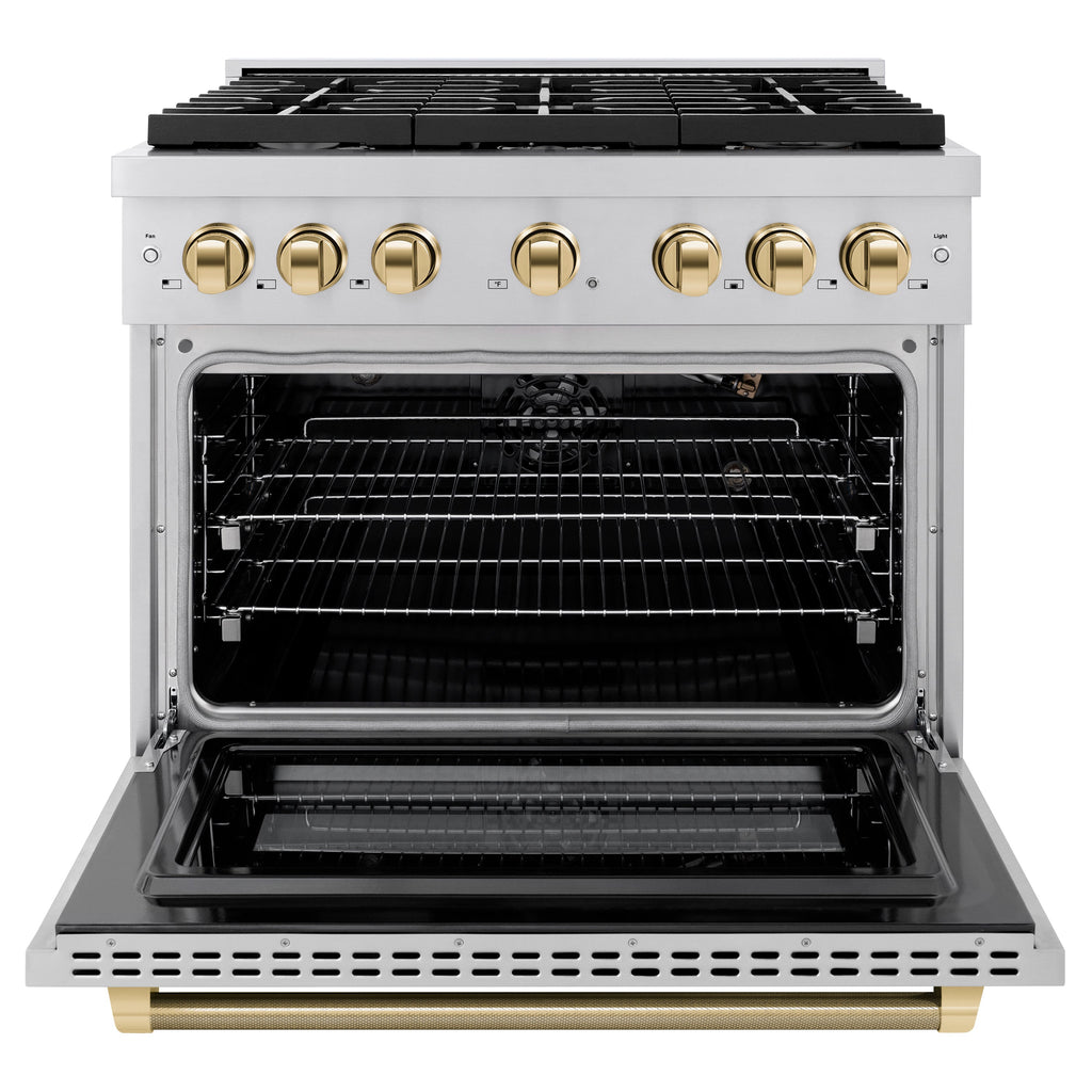 ZLINE 36 in. Gas Range 5.2 cu. ft. Paramount Series with 6 Burner Cooktop, Convection Gas Oven, Stainless Steel, Polished Gold Helix Handle & Knob Accents (SGRZ-36-KG)
