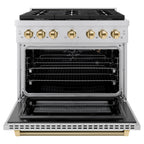 ZLINE 36 in. Gas Range 5.2 cu. ft. Paramount Series with 6 Burner Cooktop, Convection Gas Oven, Stainless Steel, Polished Gold Helix Handle & Knob Accents (SGRZ-36-KG)