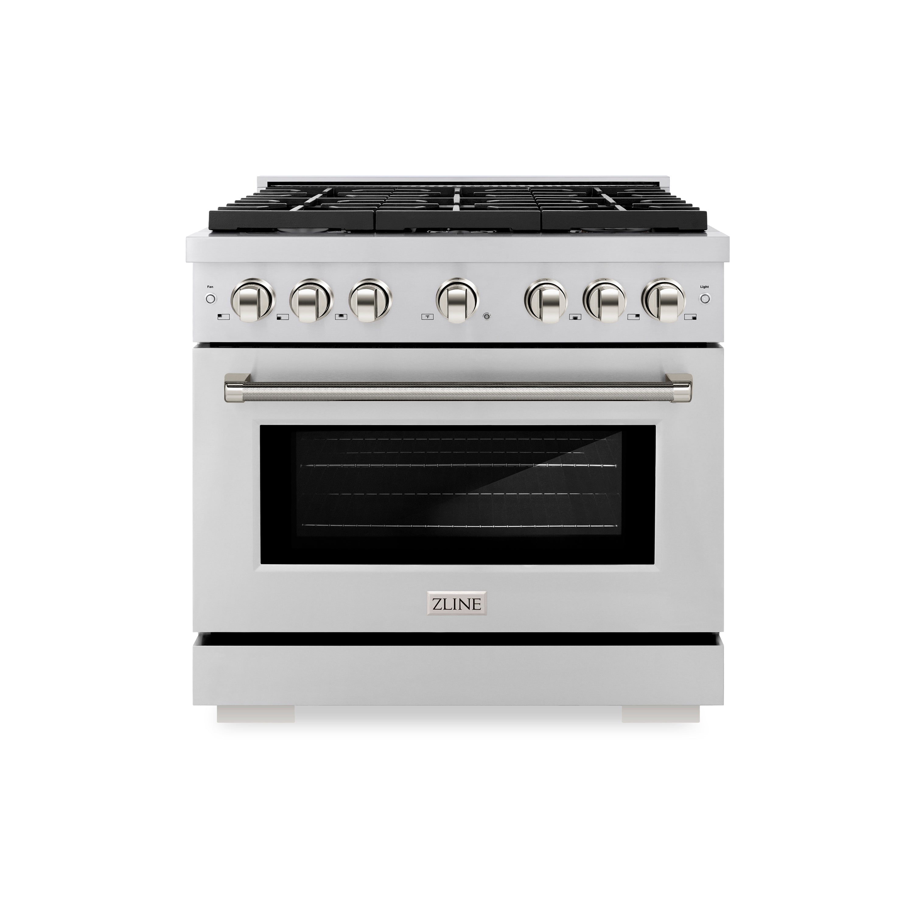 ZLINE 36 in. Gas Range 5.2 cu. ft. 6 Burner Cooktop Convection Gas Oven Stainless Steel Polished Nickel Helix Handles (SGRZ-36-KPN)