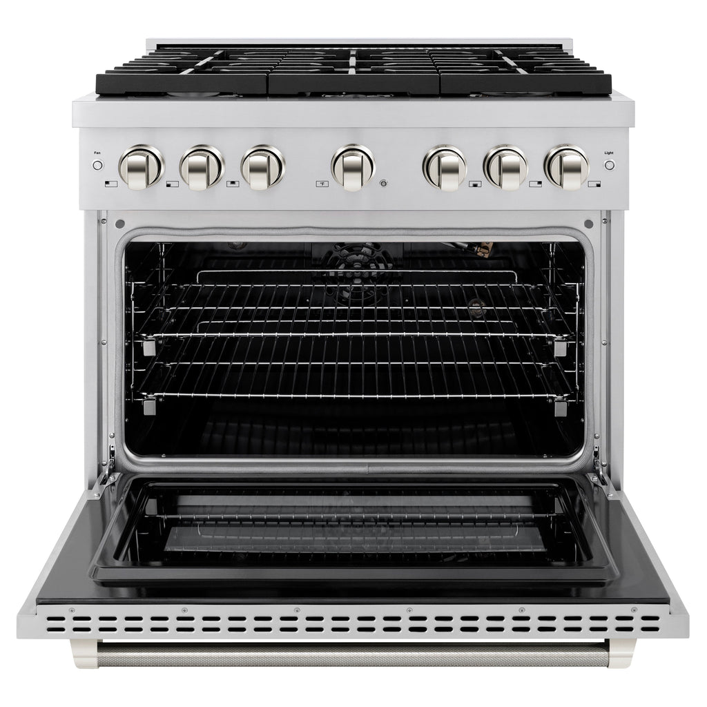ZLINE 36 in. Gas Range 5.2 cu. ft. 6 Burner Cooktop Convection Gas Oven Stainless Steel Polished Nickel Helix Handles (SGRZ-36-KPN)