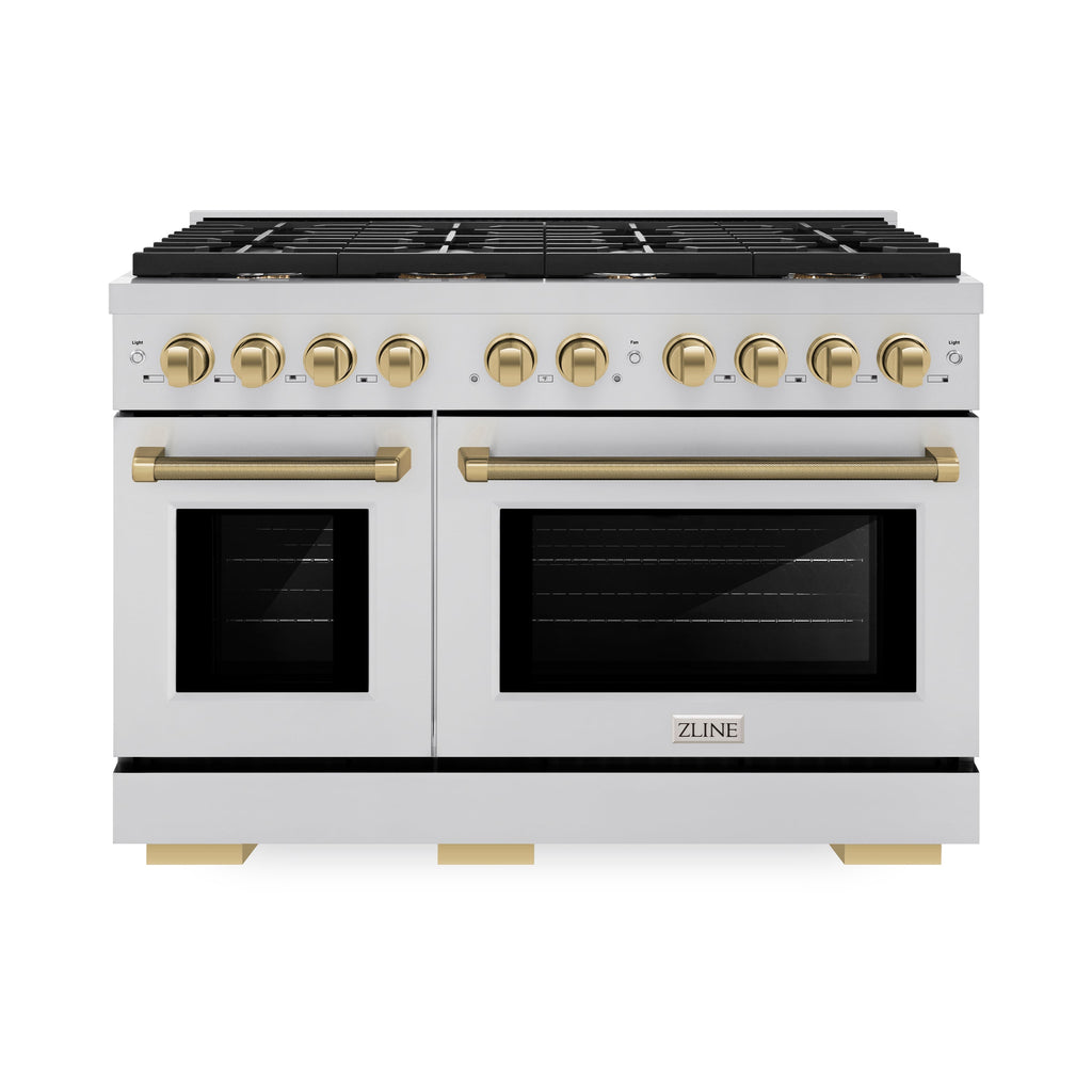 ZLINE 48 in. Gas Range 6.7 cu. ft. Double Oven, 8 Burner Cooktop, Stainless Steel, Champagne Bronze Helix Handles (SGRZ-48-KCB)