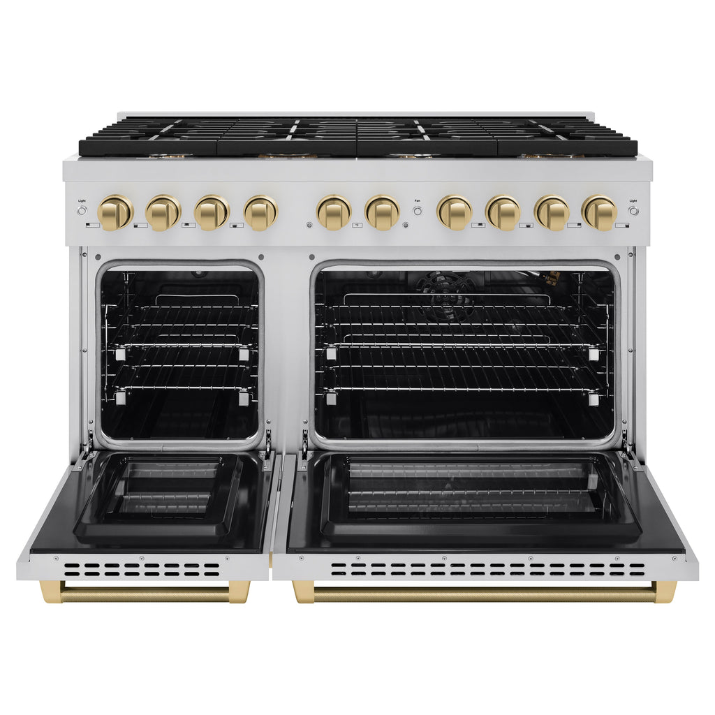 ZLINE 48 in. Gas Range 6.7 cu. ft. Double Oven, 8 Burner Cooktop, Stainless Steel, Champagne Bronze Helix Handles (SGRZ-48-KCB)
