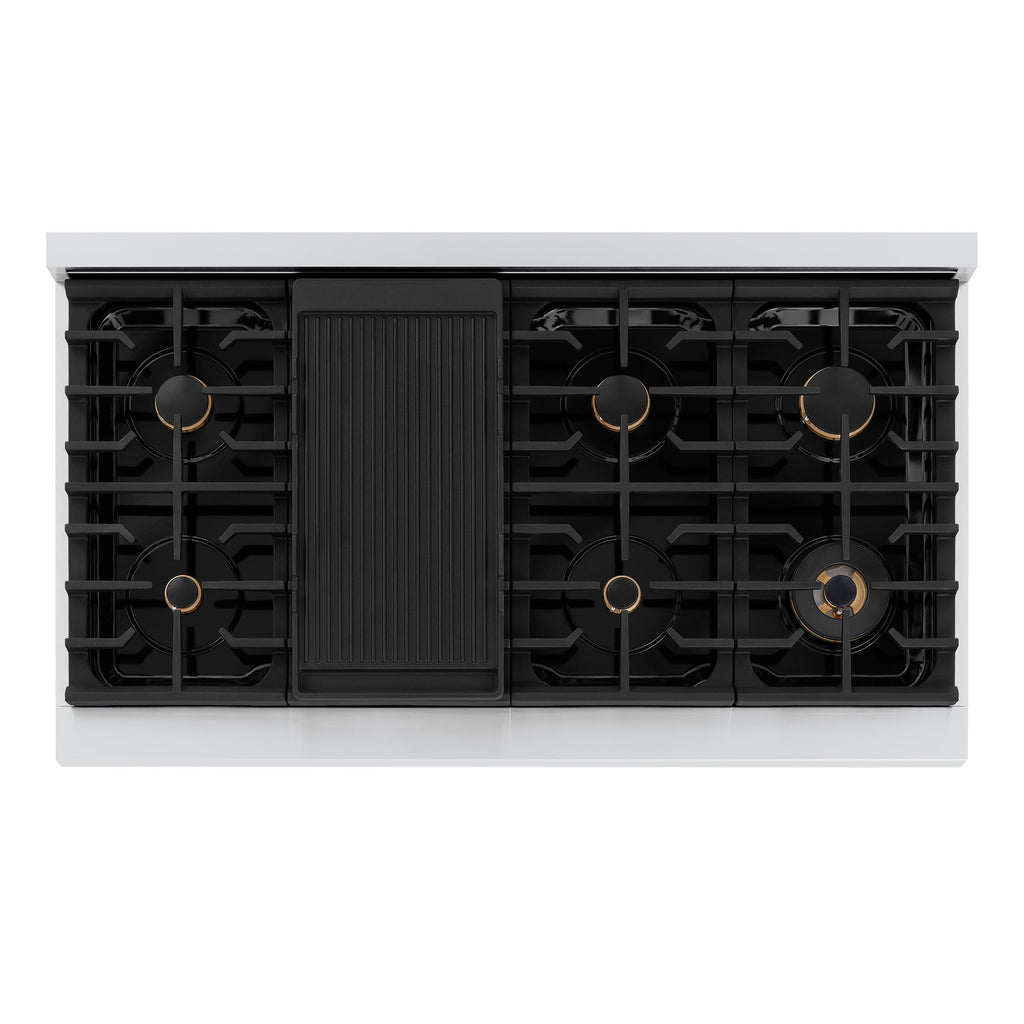 ZLINE 48 in. Gas Range 6.7 cu. ft. Double Oven, 8 Burner Cooktop, Stainless Steel, Champagne Bronze Helix Handles (SGRZ-48-KCB)