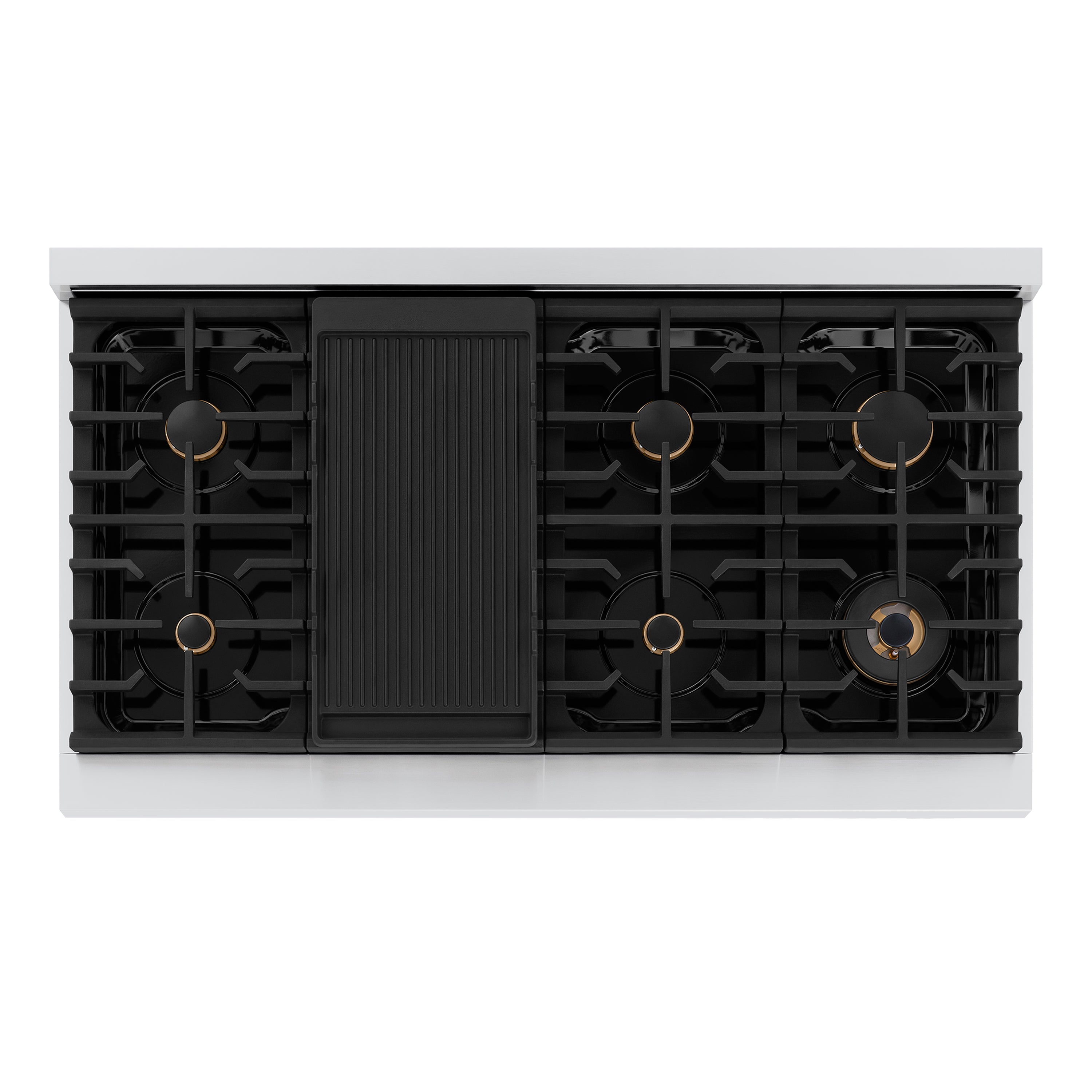 ZLINE 48 in. Gas Range 6.7 cu. ft. Double Oven, 8 Burner Cooktop, Stainless Steel, Champagne Bronze Helix Handles (SGRZ-48-KCB)