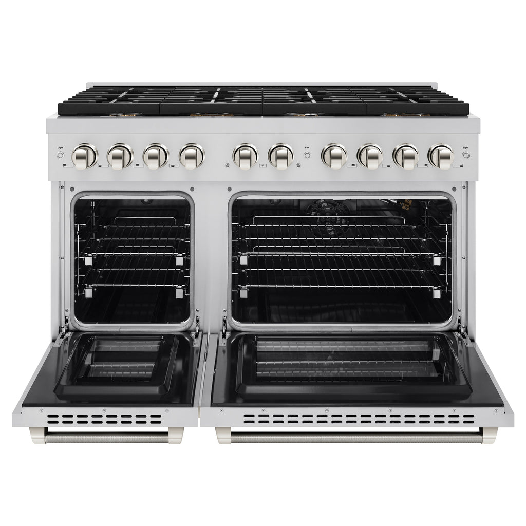 ZLINE 48 in. Gas Range Double Oven 6.7 cu. ft. 8 Burner Cooktop Stainless Steel Polished Nickel Helix Handles (SGRZ-48-KPN)