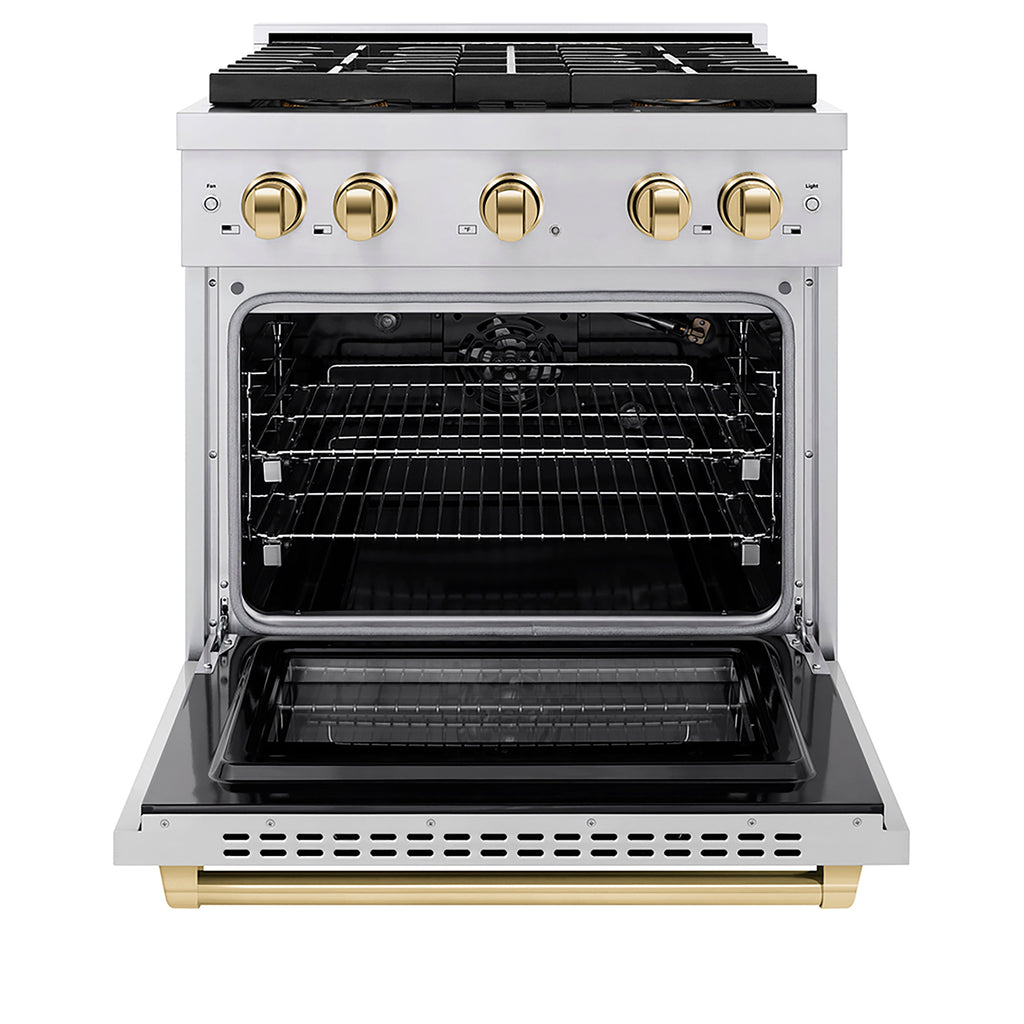 ZLINE 30 in. Gas Range 4 Burners 4.2 cu. ft. Convection Oven DuoPro™ Cooktop Stainless Steel with Polished Gold Accents (PSGRZ-30-G)