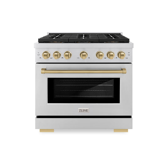 ZLINE 36 in. Gas Range 5.2 cu. ft. 6 Burner DuoPro™ Cooktop Convection Gas Oven Stainless Steel with Champagne Bronze Accents (PSGRZ-36-CB)