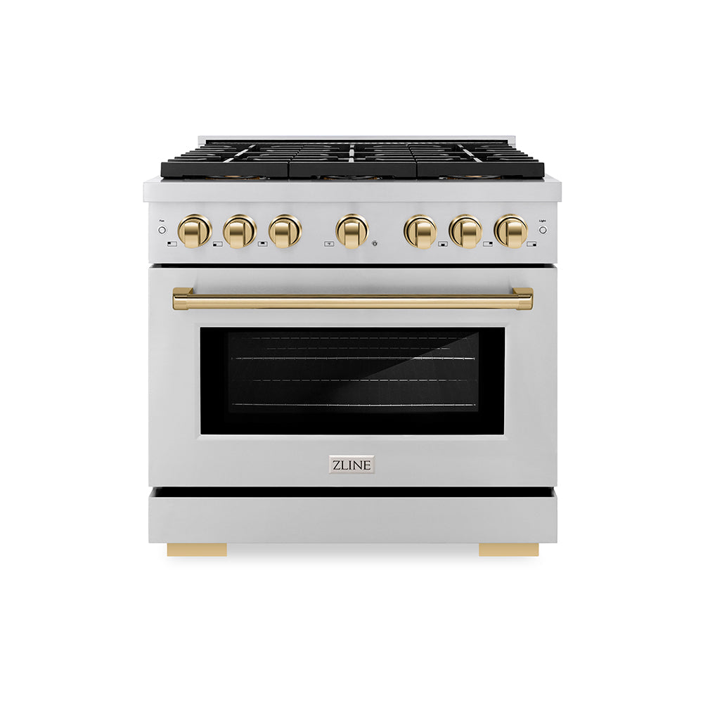 ZLINE 36 in. Gas Range 5.2 cu. ft. 6 Burner DuoPro™ Cooktop Convection Gas Oven Stainless Steel with Polished Gold Accents (PSGRZ-36-G)