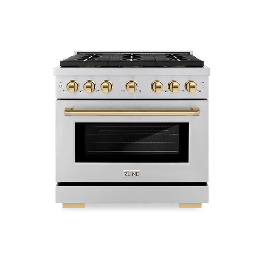 ZLINE 36 in. Gas Range 5.2 cu. ft. 6 Burner DuoPro™ Cooktop Convection Gas Oven Stainless Steel with Polished Gold Accents (PSGRZ-36-G)