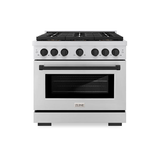 ZLINE 36 in. Gas Range 5.2 cu. ft. 6 Burner DuoPro™ Cooktop Convection Gas Oven Stainless Steel Matte Black Accents (PSGRZ-36-MB)