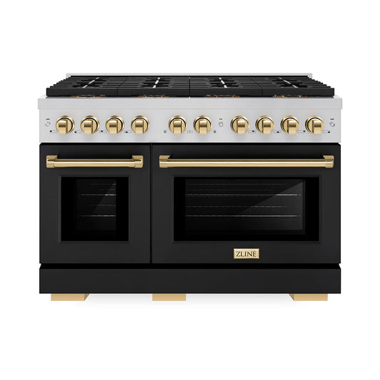 ZLINE 48 in. Gas Range – Paramount Series – 6.7 cu. ft. Dual Oven – 8 Burner DuoPro™ Cooktop, Black Matte Doors, Polished Gold Accents (PSGRZ-BLM-48-G)