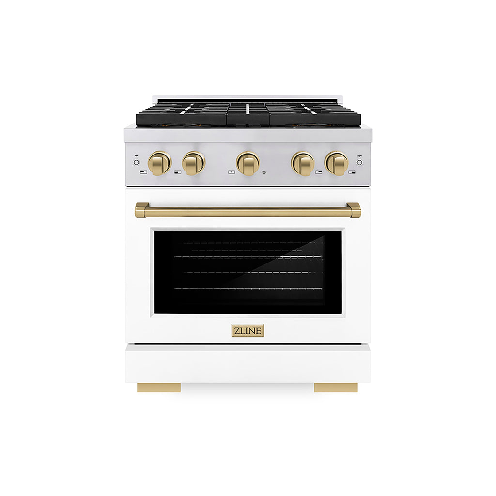 ZLINE 30 in. Gas Range 4.2 cu. ft. 4 Burner DuoPro™ Cooktop Convection Oven Stainless Steel White Matte Door Champagne Bronze Accents (PSGRZ-WM-30-CB)