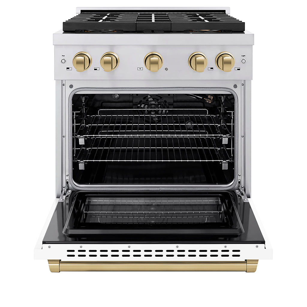 ZLINE 30 in. Gas Range 4.2 cu. ft. 4 Burner DuoPro™ Cooktop Convection Oven Stainless Steel White Matte Door Champagne Bronze Accents (PSGRZ-WM-30-CB)