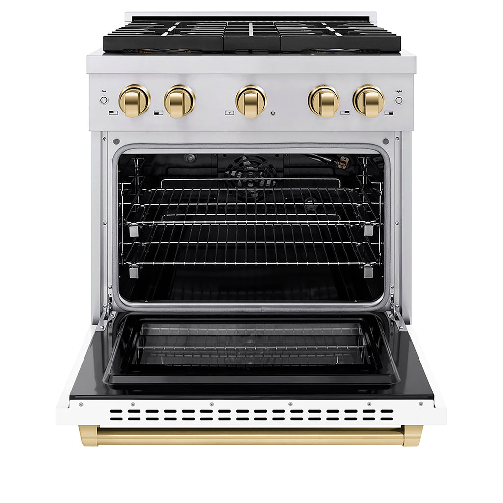 ZLINE 30 in Gas Range 4.2 cu. ft. 4 Burner DuoPro Cooktop Convection Oven Stainless Steel White Matte Door Polished Gold Accents (PSGRZ-WM-30-G)