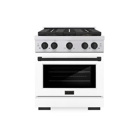 ZLINE 30 in. Gas Range 4.2 cu. ft. 4 Burner DuoPro™ Cooktop Convection Gas Oven Stainless Steel White Matte Door Matte Black Accents (PSGRZ-WM-30-MB)