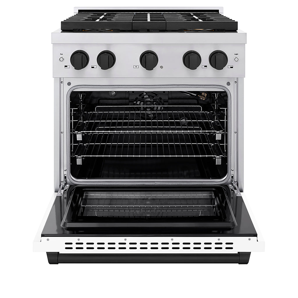 ZLINE 30 in. Gas Range 4.2 cu. ft. 4 Burner DuoPro™ Cooktop Convection Gas Oven Stainless Steel White Matte Door Matte Black Accents (PSGRZ-WM-30-MB)