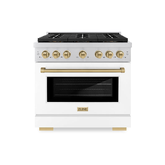 ZLINE 36 in. Gas Range 5.2 cu. ft. Paramount Series with 6 Burner DuoPro™ Cooktop, Convection Gas Oven, White Matte Door & Champagne Bronze Accents (PSGRZ-WM-36-CB)