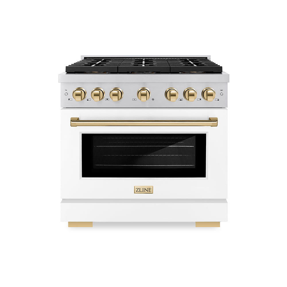 ZLINE 36 in. Gas Range 5.2 cu. ft. Convection Oven 6 Burner DuoPro™ Cooktop White Matte Door Polished Gold Accents (PSGRZ-WM-36-G)