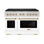 ZLINE 48 in. Gas Range 6.7 cu. ft. Paramount Series Dual Oven 8 Burner DuoPro™ Cooktop White Matte Doors Champagne Bronze Accents (PSGRZ-WM-48-CB)