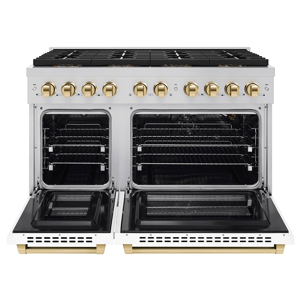 ZLINE 48 in. Gas Range 6.7 cu. ft. Paramount Series Dual Oven 8 Burner DuoPro™ Cooktop White Matte Doors Polished Gold Accents (PSGRZ-WM-48-G)