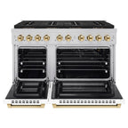 ZLINE 48 in. Gas Range 6.7 cu. ft. Paramount Series Dual Oven 8 Burner DuoPro™ Cooktop White Matte Doors Polished Gold Accents (PSGRZ-WM-48-G)
