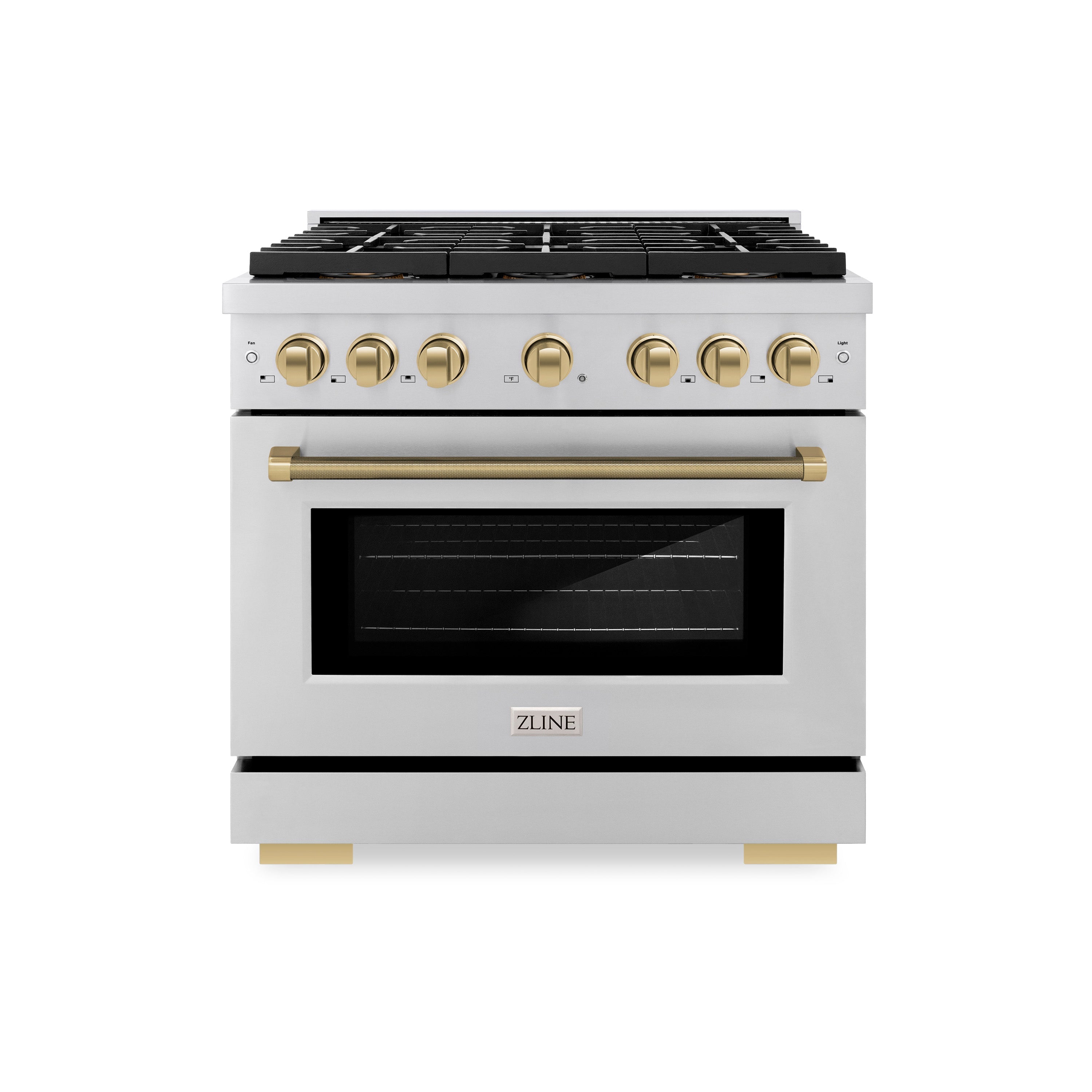 ZLINE 36 in. Gas Range 5.2 cu. ft. 6 Burner DuoPro Cooktop Convection Oven Stainless Steel Champagne Bronze Helix Handle (PSGRZ-36-KCB)