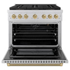 ZLINE 36 in. Gas Range 5.2 cu. ft. 6 Burner DuoPro Cooktop Convection Oven Stainless Steel Champagne Bronze Helix Handle (PSGRZ-36-KCB)
