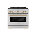 ZLINE 36 in. Gas Range 5.2 cu. ft. 6 Burner DuoPro™ Cooktop Convection Gas Oven Polished Gold Helix Accents Stainless Steel (PSGRZ-36-KG)