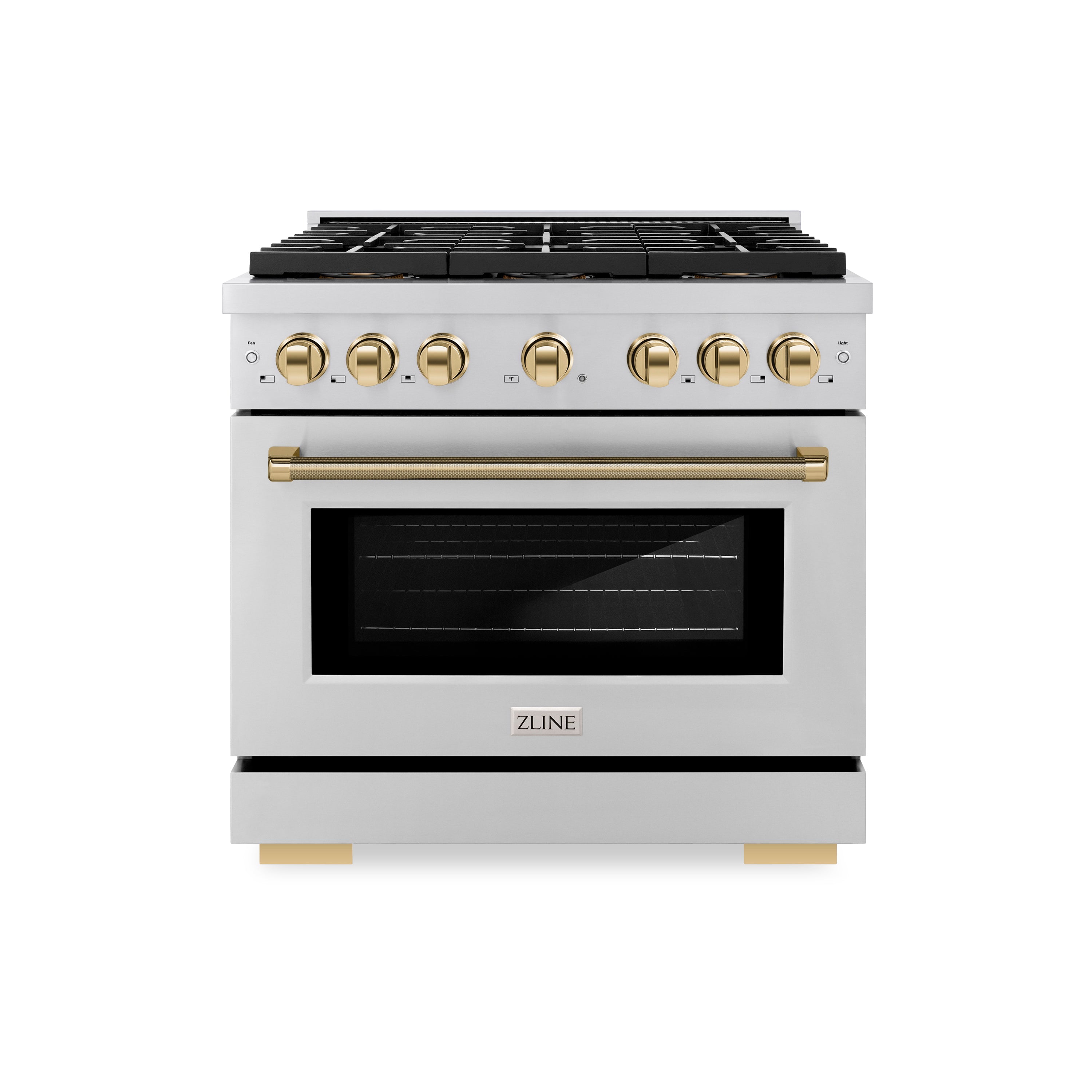 ZLINE 36 in. Gas Range 5.2 cu. ft. 6 Burner DuoPro™ Cooktop Convection Gas Oven Polished Gold Helix Accents Stainless Steel (PSGRZ-36-KG)
