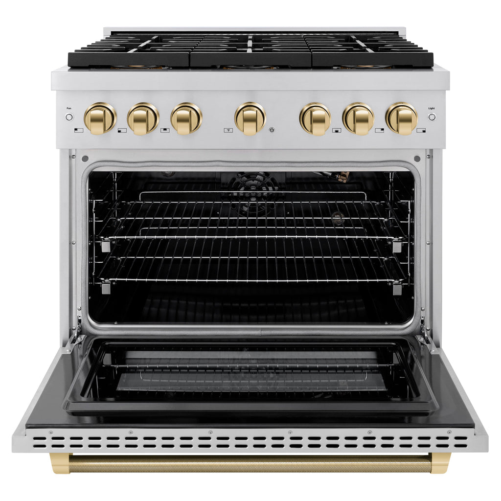 ZLINE 36 in. Gas Range 5.2 cu. ft. 6 Burner DuoPro™ Cooktop Convection Gas Oven Polished Gold Helix Accents Stainless Steel (PSGRZ-36-KG)