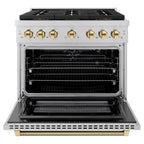 ZLINE 36 in. Gas Range 5.2 cu. ft. 6 Burner DuoPro™ Cooktop Convection Gas Oven Polished Gold Helix Accents Stainless Steel (PSGRZ-36-KG)