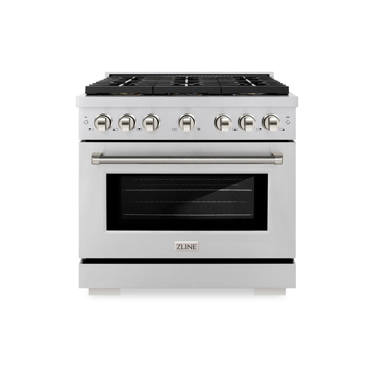 ZLINE 36 in. Gas Range 5.2 cu. ft. 6 Burner DuoPro™ Cooktop Convection Oven Stainless Steel Polished Nickel Helix Handle (PSGRZ-36-KPN)