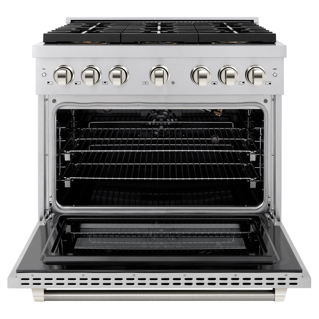 ZLINE 36 in. Gas Range 5.2 cu. ft. 6 Burner DuoPro™ Cooktop Convection Oven Stainless Steel Polished Nickel Helix Handle (PSGRZ-36-KPN)