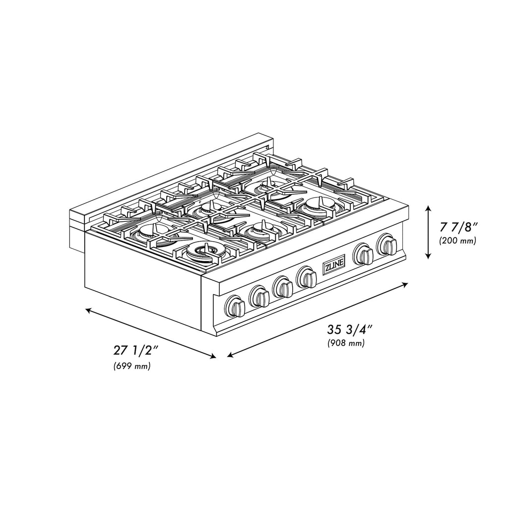 ZLINE 36 in. Rangetop with 6 Gas Brass Burners, RT-BR-36