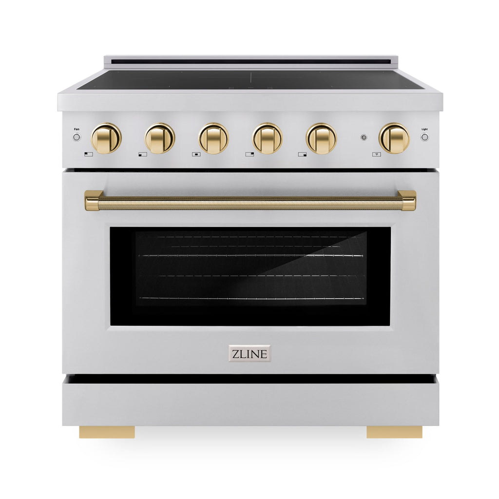 ZLINE 36 in. Induction Range 5.2 cu. ft. 5 Element Cooktop Electric Convection Oven Stainless Steel Polished Gold Accents (SINRZ-36-KG)