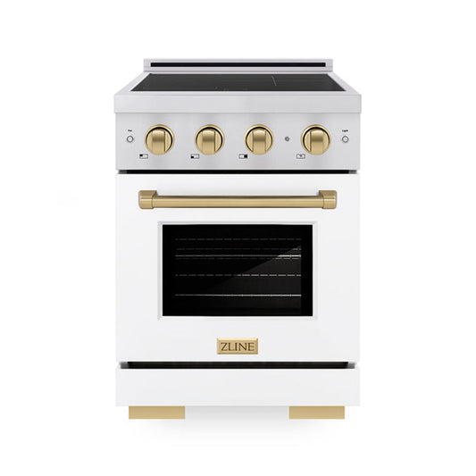 ZLINE 24 in Induction Range 3.2 cu ft Electric Convection Oven 3 Element Cooktop Stainless Steel White Matte Door Champagne Bronze Accents (SINRZ-WM-24-CB)