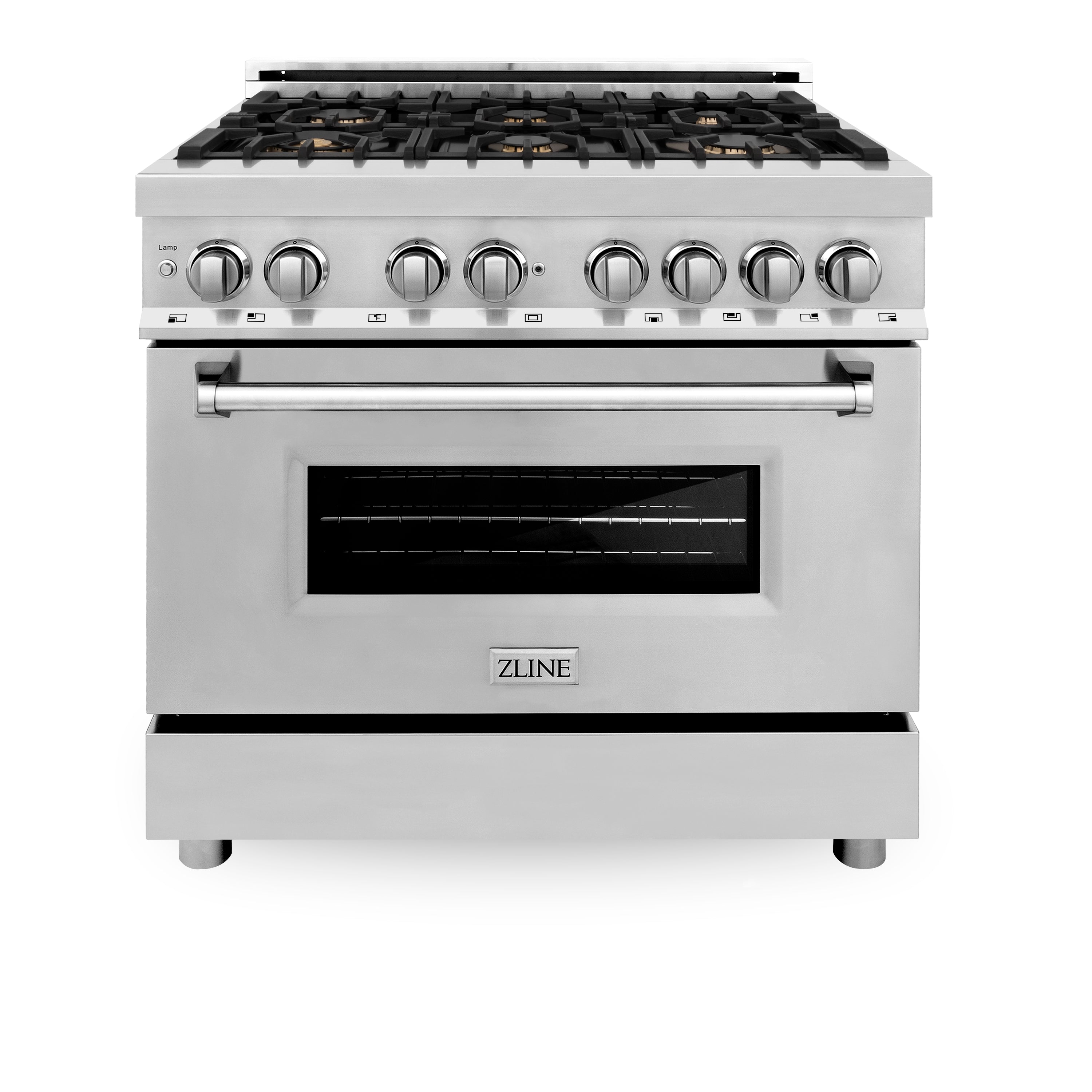 ZLINE 36 in. Dual Fuel Range with 6 Brass Gas Burners, Electric Convection Oven, Griddle, 4.6 cu. ft., Stainless Steel (RA-BR-GR-36)
