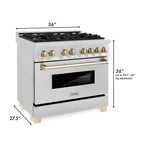 ZLINE Autograph 36 in. 4.6 cu. ft. Legacy Dual Fuel Range with 6 Gas Burners and Electric Convection Oven in Satin Stainless Steel with Polished Gold Accents (RASZ-SN-36-G)