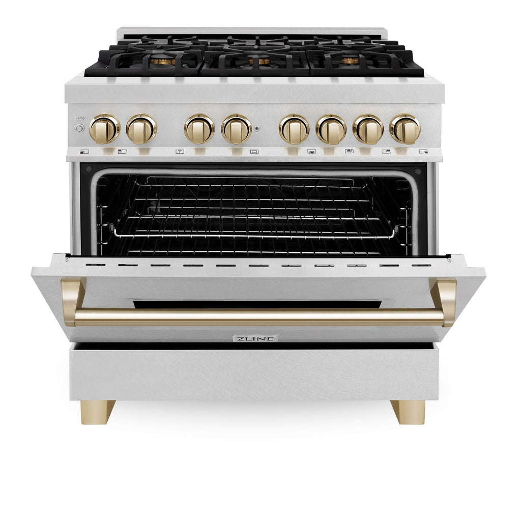 ZLINE Autograph 36 in. 4.6 cu. ft. Legacy Dual Fuel Range with 6 Gas Burners and Electric Convection Oven in Satin Stainless Steel with Polished Gold Accents (RASZ-SN-36-G)