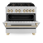 ZLINE Autograph 36 in. 4.6 cu. ft. Legacy Dual Fuel Range with 6 Gas Burners and Electric Convection Oven in Satin Stainless Steel with Polished Gold Accents (RASZ-SN-36-G)