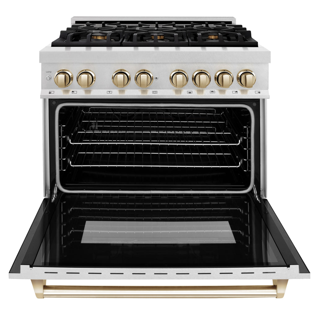 ZLINE Autograph 36 in. 4.6 cu. ft. Legacy Dual Fuel Range with 6 Gas Burners and Electric Convection Oven in Satin Stainless Steel with Polished Gold Accents (RASZ-SN-36-G)